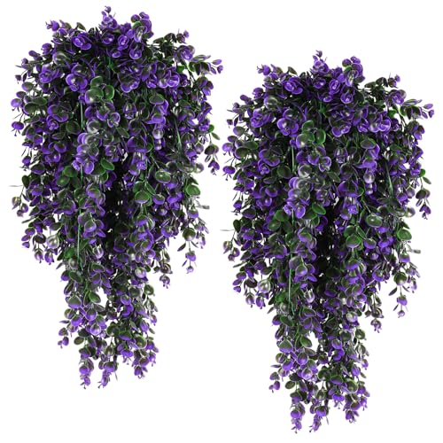 RECUTMS 4Pcs 29.9 Inch Fake Hanging Eucalyptus Plants | UV Resistant Plastic,Violet Artificial Greenery,Home Room Garden Wedding Party Porch Creeping Jenny Indoor Outdoor Decor - color: Voilet