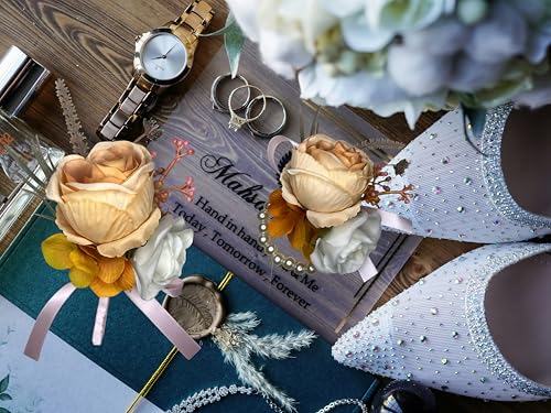 Corsage and Boutonniere Set Corsage Wistlet Burnt Orange Corsage Wrist Artificial Flower Perfert for Proms | Weddings for Bride,Bridesmaids, Groom,Groomsmen Decor (Burnt Orange) - color: Burnt Orange