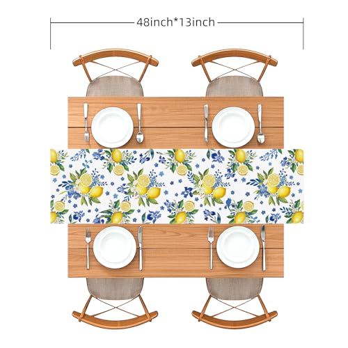 Lemon and Blue Floral Table Runner, 48 x 13 inches | Seasonal Kitchen Dining Table Decoration, Home Party Birthday Wedding Decor - size: 48 Inches X 13 Inches