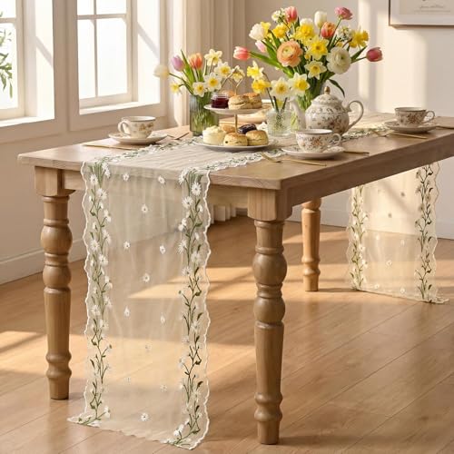Artoid Mode Daisy Floral Beige Apricot Shaped Gauze Embroidery Table Runner 120 Inch 10FT, Tulle Spring Summer Kitchen Dining Table Decor for Home Party - color: Beige Apricot