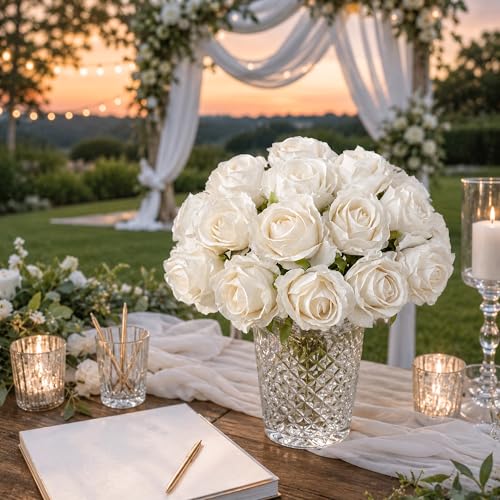 Ivydale 18pcs White Roses Artificial Flowers, Fake Roses Silk Flowers with Stems Realistic Bouquet for Wedding Party Mother's Day DIY Centerpiece Floral Romantic Gifts - color: Rose-white
