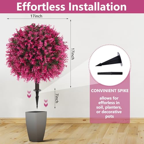 Yangrass Artificial Pink Eucalyptus Topiary Ball Trees with Ground Spike, Set of 2 UV Resistant Artificial Shrubs, Fake Evergreen Artificial Plant Bushes for Indoor Outdoor Front Porch Garden - color: Pink Eucalyptus