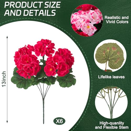Ammyoo Artificial Geranium Flowers for Outdoors Decoration, 6 Pcs Fake Silk Geraniums Flower UV Resistant Look Real Faux Plants for Spring Garden Porch Planter Yard Table Centerpieces Decor - color: Pinkwhiterose-red