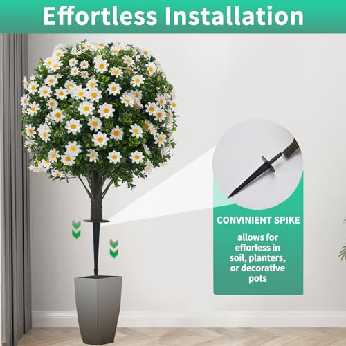 Set of 2 Artificial Cypress Topiary Ball Trees with White Mum Flowers, 24" H UV Resistant Faux Outdoor Plants with 7" H Ground Spike, Fake Round Shrubs for Porch, Patio, Garden Decor - color: Boxwood-daisy
