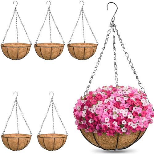 ZeeDix 6 Pack 14 Inch Metal Round Hanging Planter Basket with Coconut Liners Replacement, Hanging planters Baskets with Natural Coco Liner for Outdoor Indoor Planters Flowers Vegetables - color: 6 Pack, size: 14 Inch