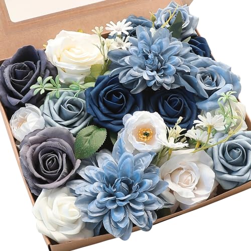 Floroom Dusty Blue Navy Artificial Flowers Fake Roses Peonies Dahlias and Greenery Combo Box Set for DIY Wedding Bouquets Bridal Shower Centerpieces Floral Arrangements Party Tables Home Decorations - color: Serene Dusty Blue