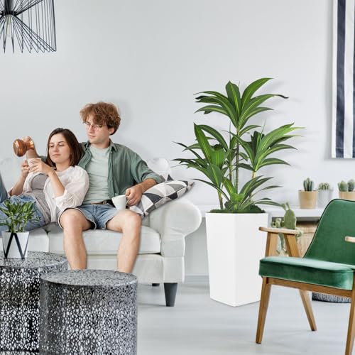 Artificial Dracaena Tree 4FT with White Tall Planter,Fake Green Plant with Natural Wood Trunk & Lifelike Leaves, Aritificial Yucca Plant for Home Office Decor,Housewarming