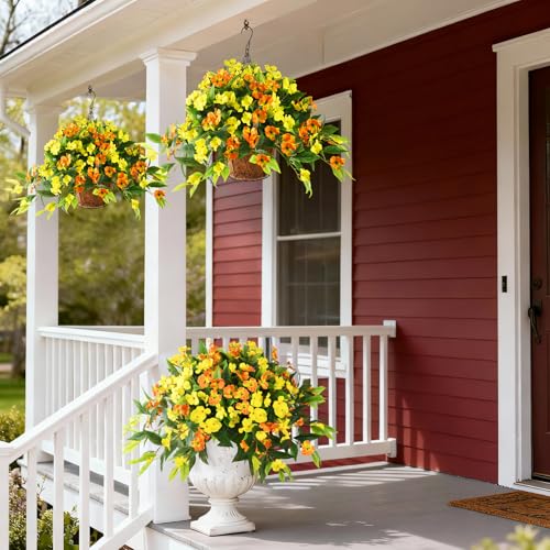 Hommyea Fall Artificial Flowers for Outdoor Fall Decor, 2 Bundles Fake Flowers UV Resistant Faux Silk Flowers No Fade Plastic Flowers for Outside Planters Home Porch Patio Yard Garden Decor - color: Orange Yellow