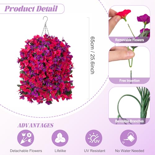 Artificial Fake Hanging Flowers with Basket for Outdoors Decoration, 3PCS Faux Flowers for Outdoor Planters UV Resistant No Fade Silk Bougainvillea for Home Porch Patio Garden Balcony Yard Decor - color: Rose Dark Lotus Color With Basket