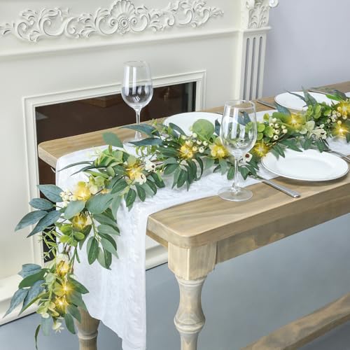 Artgar Eucalyptus Garland with Lights - 6 Ft Greenery Garland - Artificial Silver Dollar Olive Garlands, Spring/Summer Green Garlands for Indoor Outdoor Home Decor Wedding Arches Backdrops Table Decor - color: Eucalyptus Garland