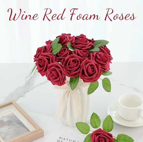 16 Pcs Fake Dark Red Roses Artificial Flowers | Dark Red Foam Roses with Stems, Artificial Flowers for DIY Wedding Bouquets, Centerpieces, Party, Home Decor - color: Dark Red