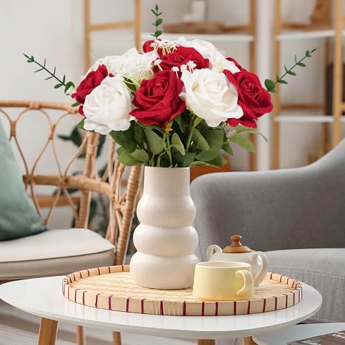 12PCS Artificial Realistic Silk Fake White Red Mixed Roses Long Stem | 2 Colors Mixed Roses For Wedding Decoration, Party Table Decoration, Valentines Mother's Day - color: 6 Red /6 White