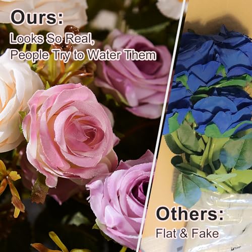 Artificial Rose Flowers for Outdoor 4 Bundles Rose Bouquet with Daisy Faux Flowers UV Resistant for Home Indoor Outside Garden Porch Window Box Balcony Yard Porch Fall Decor (White+Purple) - color: White+purple
