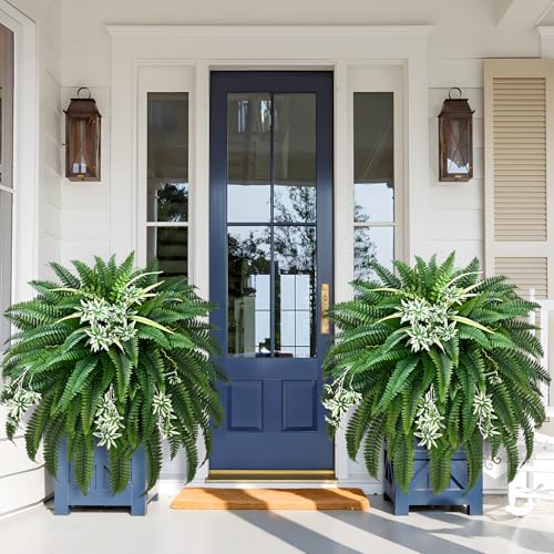 Livole 2 Pcs 60" 2-in-1 Fake Ferns with Spider Plant, Artificial Ferns for Outdoors Large Faux Boston Fern with 118 Branches Realistic UV Resistant for Planter Indoor Home Garden Porch Hanging Decor - size: 60"-118 Branches-2 Pcs