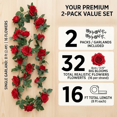 2 Pack 16FT Artificial Rose Garland Vine - Silk Fake Red Rose Flower Hanging Vine for Wedding Arch Home Wall Decor Valentine's Day Mother's Day Derby Day Party Decoration - color: Red