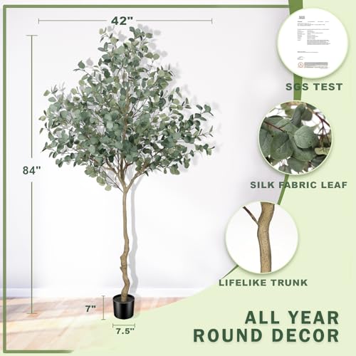 LYERSE Eucalyptus Tree Artificial 7ft - Faux Eucalyptus Tree in Plastic Nursery Pot with 995 Silver Dollar Leaves - Artificial Trees for Office House Living Room Home Decor Indoor - size: 7ft