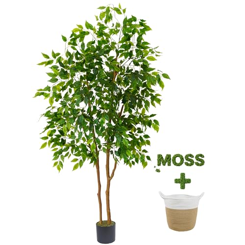 Warmplants Artificial Ficus Tree, 6ft Tall Fake Ficus Tree with Basket, Faux Plant for Indoor Outdoor Home Livingroom Office Garden Porch Décor - color: Ficus, size: 6ft