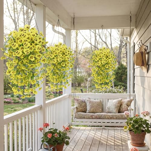 Yellow Artificial Hanging Flowers for Outdoors, 4 PCS 29.5in UV Resistant Faux Outdoor Hanging Plants Pansy Flowers Fake Cascading Floral Vines for Porch Patio Balcony Pergola - color: Yellow