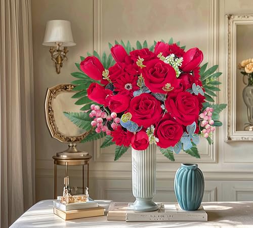 Silk Cemetery Flowers for Grave with Vase, Artificial Grave Flower for Cemetery Vase, Memorial Day Flowers for Headstones:Red Rose,Tulip,Look Real,No Fading