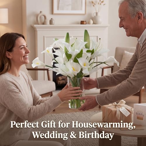 15.74 Inch Artificial Calla Lily Lily Flowers White Fake Flowers Green Bud with Faux Water Realistic Touch for Dining Room Centerpiece Table Wedding Bridal Shower Spring Decor