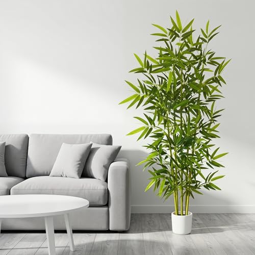 Warmplants Artificial Bamboo Tree, 6ft Tall Fake Bamboo Plant with White Planter, Faux Trees with 5 Trunks and Lifelike Leaves for Indoor Outdoor Home Office Décor - color: Bamboo, size: 6ft