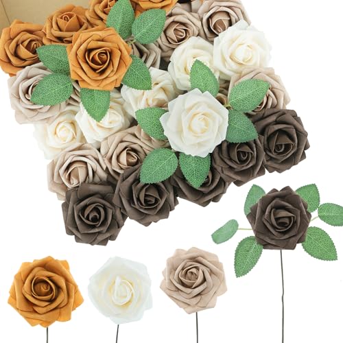 DuHouse 25Pcs Artificial Roses Flowers Fake Roses with Stems Real Touch Foam Flowers for DIY Wedding Bouquet Centerpiece Floral Arrangement Party Home Decor(Ivory Beige) - color: Ivory Beige, size: 25pcs