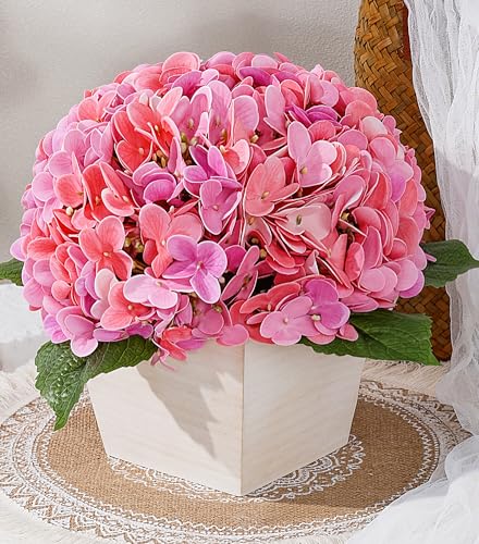 Artificial Hydrangea Flowers Arrangement in Wood Planter, 4PCS Fake Pink Flowers in Wooden Vase Potted Floral Centerpieces for Tables Living Room Home Office Room Shelf Kitchen Decor - color: Pink Hydrangea