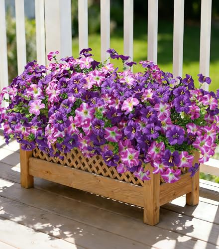 Artificial Flowers for Outdoors Decoration, 20 Bundles Faux Morning Glory with Eucalyptus Look Real UV Resistant Fake Plants Silk Flowers for Outside Yard Gardens Porch Patio Planter Home Urn, Mix - color: 2 Color(10 Purple, 10 Gradient Fuchsia)