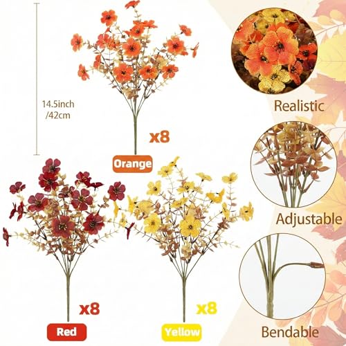 ATTGREAT Artificial Fall Flowers Outdoors UV Resistant Fake Mums Bulk Outside Faux Mums Plants Decorations for Home Garden Porch Hanging Planter Autumn Decor, 24 Bundles (Mix Orange Yellow Fall Red) - color: Orange Yellow Fall Red, size: 24PCS