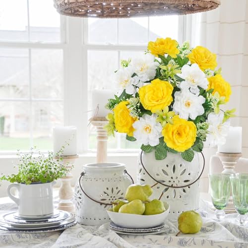 Spring Cemetery Flowers for Grave 2 Bundles Yellow White Rose Lily Bouquets 18.5" Fake Silk Flower Arrangements for Outdoors Summer Home Kitchen Wedding Table Centerpieces Decor - color: Yellow White-2pcs
