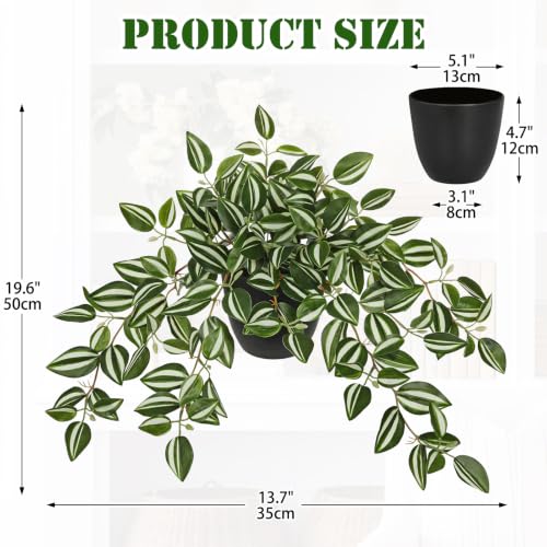 Briful Artificial Potted Plant Indoor, 19.6" Faux Watermelon Peperomia Trailing Plant in Black Pot, Realistic Fake Plants with Cascading Green Leaves for Cabinet Shelf Bathroom Office Desk Home Decor - color: White Green Stripe