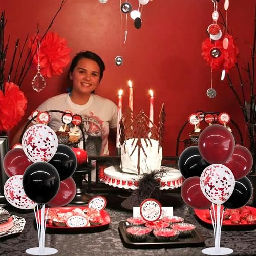 TONIFUL 4 Set Wine Red and Black Balloon Centerpieces for Table,Balloon Stand Kit for Black Red Party Decor 2026 Graduation,Wedding,Chinese New Year,Retirement,Halloween,Birthday Party Decorations - color: Black Wine Red Confetti