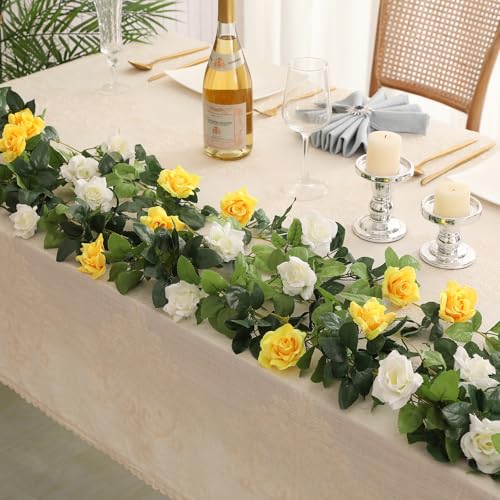 JUSTOYOU Artificial Rose Vines Yellow Flowers Garland Hanging Silk Rose Vine for Wedding Home Office Arch Arrangement Decoration 7.6FT(2PCS) - color: Yellow-b