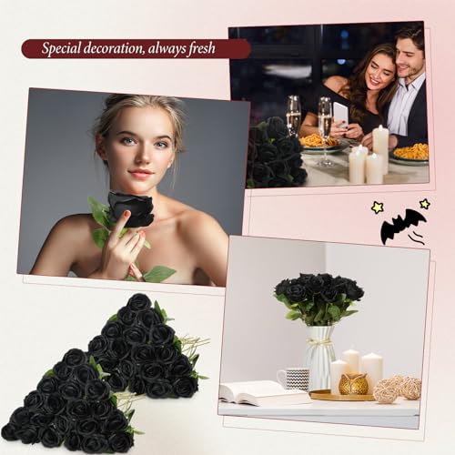 Hotop 40 Pcs Rose Artificial Flowers Bulk with Long Stem,Realistic Silk Fake Roses Bouquet for Home Wedding Centerpieces Party Table Decoration Valentines Gifts(Black) - color: Black