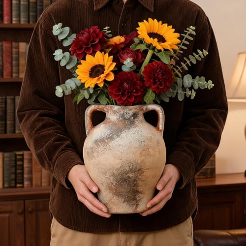 Ceramic Flower Vase, 8.7" Rustic Farmhouse Table Vase, Decorative Pottery Vase with Glazed Interior for Fresh Flowers, Eucalyptus, Entryway, Kitchen, Shelf and Bedroom Decor - color: Rustic-5.9"l X 5.9"w X 8.7"h