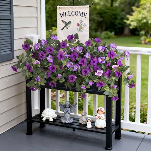 2PCS Artificial Petunia Flowers for Outdoors, Fake Flowers for Outdoor Planters UV Resistant Faux Silk Petunias for Garden Porch Yard Balcony Patio Realistic Home Kitchen Decor(Double Purple) - color: A-double Purple