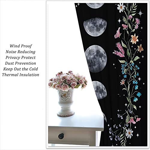 Boho Floral Wildflower Rod Pocket Blackout Curtains for Boy Girl Bedroom, Moon Phase Moonlit Garden Witchy Gothic Aesthetic Thermal Insulated Home Window Drapes for Living Room Darkening, 42x45 inch - color: Boho Floral Wildflower-002, size: 42"W x 45"L (