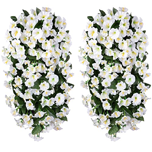 HyeFlora Artificial Fake Hanging Flowers Plants Vines for Outdoor Summer Decoration, 2PCS Faux Silk White Morning Glory Look Real UV Resistant for Home Outside Planter Porch Patio - color: White