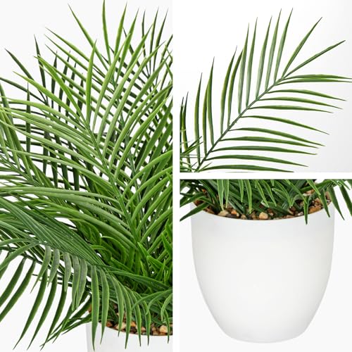 Briful Artificial Palm Plant in White Pot, 18” Faux Tropical Tabletop Plant with 14 Realistic Leaves, Small Potted Palm Tree for Farmhouse, Coffee Table, Entryway, Bathroom, Shelf & Living Room Decor - color: 18'' Tall White