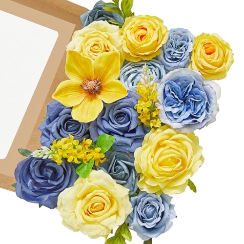 Serwalin Artificial Yellow & Blue Flowers, Silk Fake Roses Flowers, Faux Flowers for DIY Wedding Bouquets Cake Decoration Baby Shower Centerpieces Floral Arrangements Party Decor - color: Blue & Yellow, size: Grand