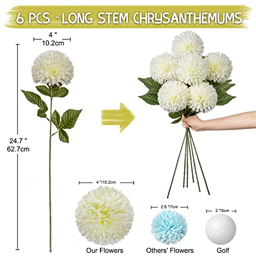 Briful Autumn Artificial Chrysanthemums Ball Flowers 4’’ Large Heads Mums Stems Cream White Fake Hydrangea Flowers Bridal Wedding Bouquet for Home Garden Party Wedding Fall Decoration, Set of 6 - color: 4'' Dia. 6pcs Cream White