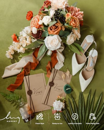 Ling's moment Artificial Flowers Fake Silk Dahlia Faux Foam Roses Combo for DIY Wedding Bouquets Centerpieces Arrangements Bridal Shower Party Home Decorations, Amber & Terracotta, 23pcs - color: Or-amber & Terracotta