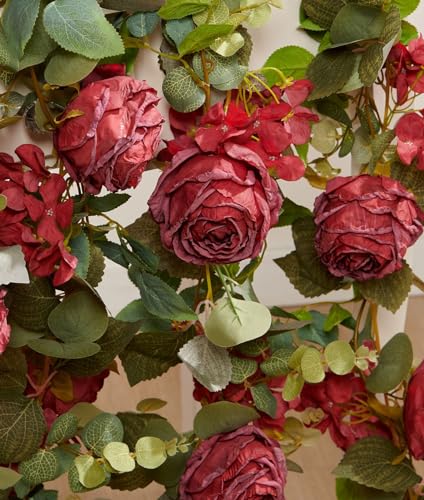 PONKING Flower Garland Artificial Rose & Hydrangea Vine Hanging Fake Flowers Vines for Wedding Birthday Party Valentines Christmas Room Wall Arch Decor, 1 Rose & 1 Hydrangea Red Floral Garland - color: Large Rose & Hydrangea Red Vines 5.4ft