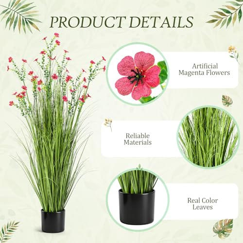Jexine 2 Pack 4ft/47inch Artificial Grass Plant Outdoor Artificial Greenery Grass in Pot with Fake Fuchsia Flowers for Spring Room Office Indoor Outdoor Decor Housewarming Gifts - color: Red Fuchsia, size: 4ft