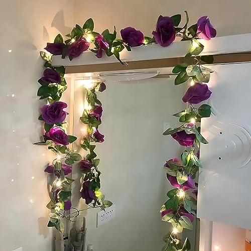 BLEUM CADE 5Pcs 41Ft Flower Garland Artificial Rose Vines with 32.8Ft String Lights, Cute Fake Hanging Flower Vines Floral Garland Decorations for Wedding Party Wall Room Decor Aesthetic - color: Purple With Lights, size: 5 Pcs