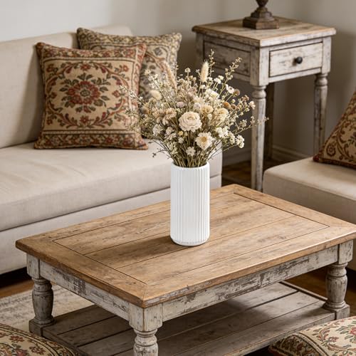 TIMEFOTO White Ceramic Flower Vase for Pampas Grass, 6 inch Small Decorative Centerpiece Ribbed Vase for Dining Table, Office Desktop, Shelf Bookshelf, Mantel, Bathroom, Countertop, Farmhouse, Gift - color: Ceramic White, size: 6 inch