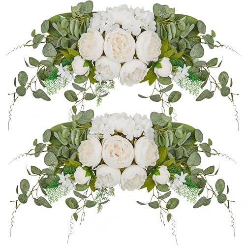 Suncalla 2 Pcs Floral Wedding Arch 30 Inch Rustic Artificial Flowers Swag Garland with Peonies Eucalyptus Leaves for Wedding Arrangement Table Centerpiece Ceremony Backdrop Party Decor(White) - color: White