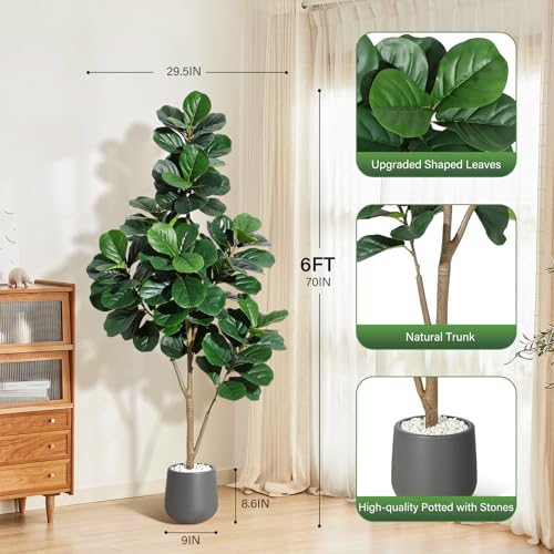 6 ft Fiddle Leaf Fig Tree Artificial with 108 Leaves - Realistic Faux Ficus Lyrata Trees in 9 in Grey Planter Pot, Indoor Fake Floor Plants for Home Office Living Room Decor, Housewarming Gift - color: With Black Planter, size: 6ft