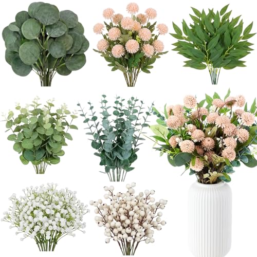 Yinder 60pcs Mixed Artificial Eucalyptus Stems and Faux Flower Set, Greenery Eucalyptus Branch Baby's Breath Silver Dollar Stem Berry and Silk Mums for Vase Centerpieces Wedding Arrangement Home Decor - color: Beige