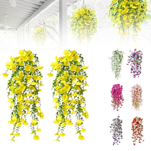 Artificial Flowers for Outdoors Fake Morning Glory Hanging Flower Decoration, 2 Pcs Realistic Faux Plants Petunias Trailing Vines, Spring Summer Decor for Porch Patio Balcony Planter Yard(Yellow) - color: Yellow, size: 2 Pcs